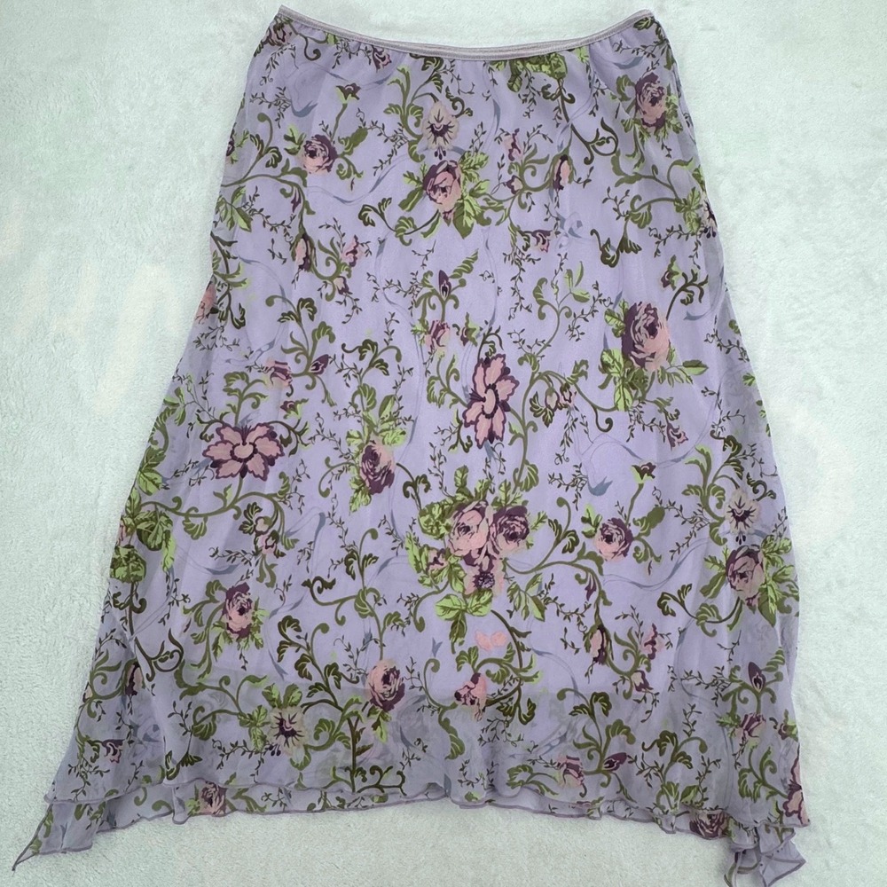 Sangria Vintage Y2K Purple Floral Chiffon Midi Skirt Size 10 A-Line Lettuce Hem